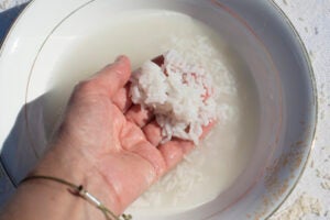 Rice grains in hand, rice water preparation. Top view, close up.