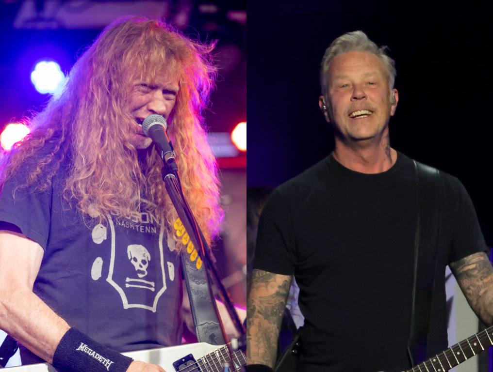 Dave Mustaine performing on stage; James Hetfield performing on stage.