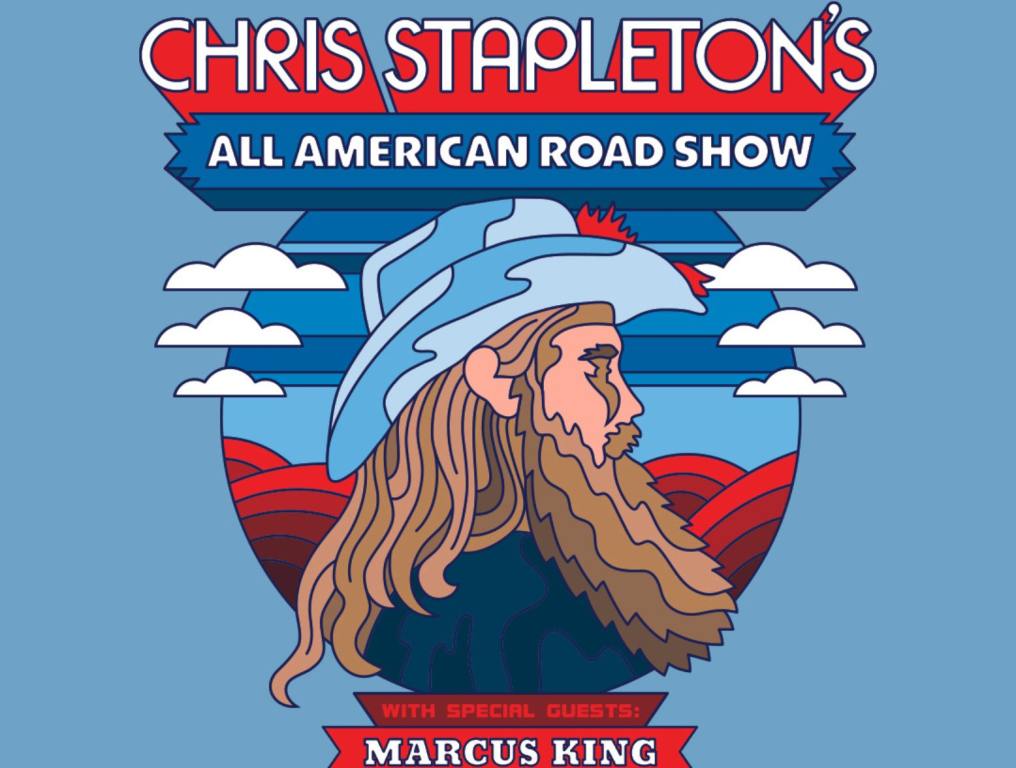 Chris Stapleton's All American Road Show 2024 concert poster with a sketched photo of Chris Stapleton in a cowboy hat with a long beard. Lots of red white and blue colors.