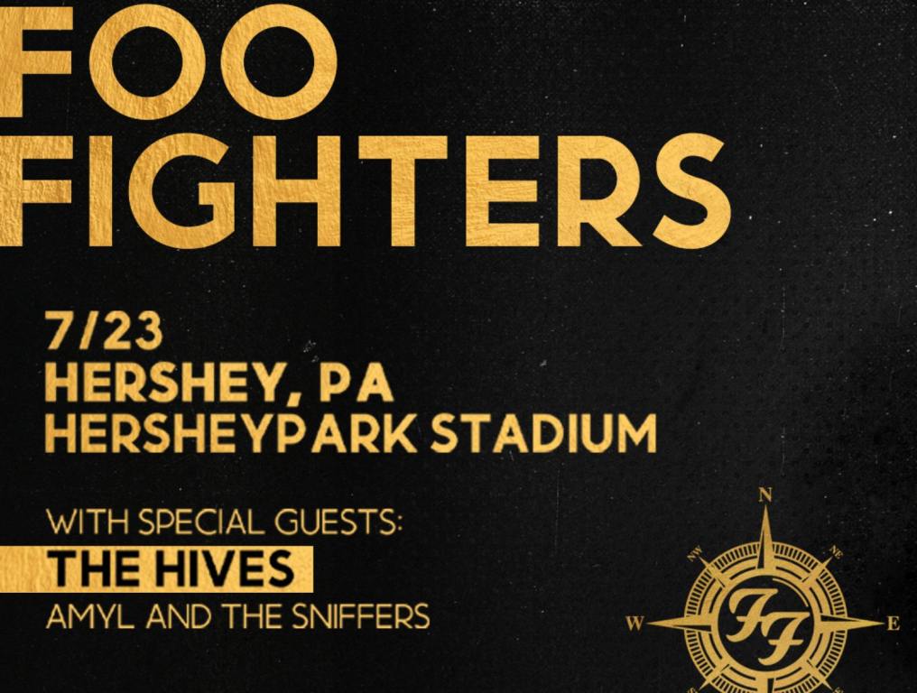 Foo Fighters concert poster for 2024 show in Hershey PA. Gold letters on black background