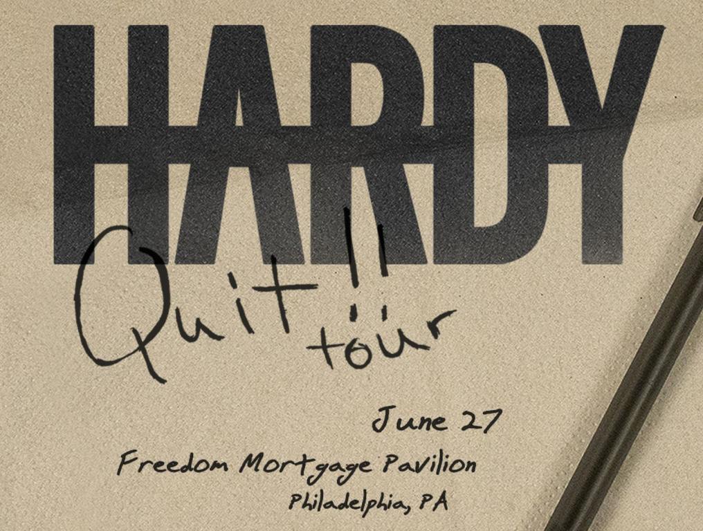 Hardy "QUIT!! Tour" concert poster with the band name at the top and tour name written in pen on a tan background