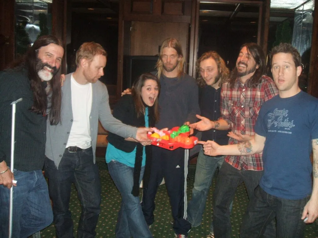 Pierre, Marisa and Jason playing Hungry Hungry Hippos with the Foo Fighters at the Spectrum