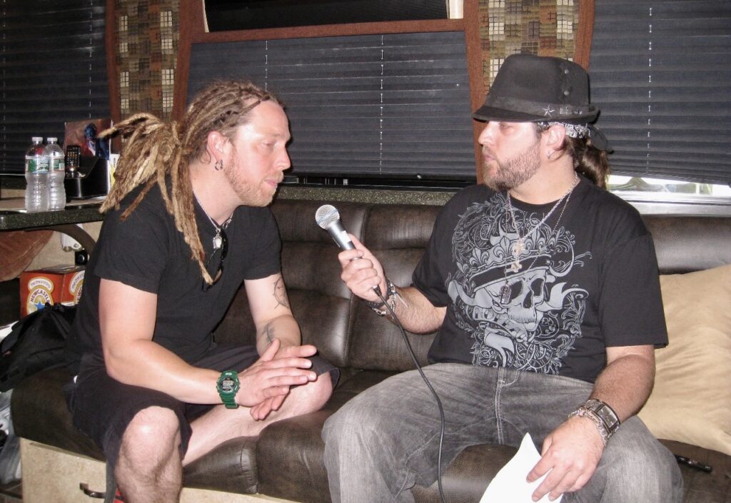 Brent Porche interviewing Shinedown's Barry Kerch on their tour bus in Philadelphia