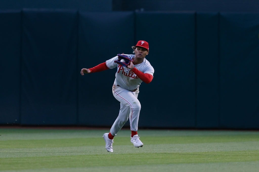 Cristian Pache of the Oakland Athletics catches a fly ball off the