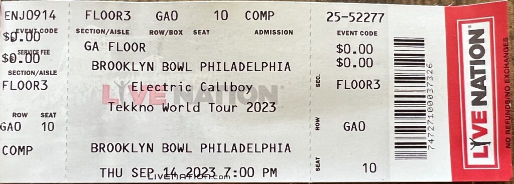 Physical Electric Callboy ticket from their Brooklyn Bowl Philadelphia show on September 14th, 2023.