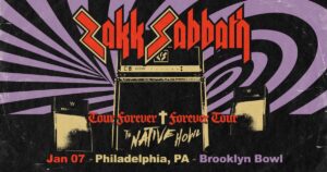 Zakk Sabbath concert poster for show at Brooklyn Bowl Philadelphia - purple and black swirl design with some stage equipment/Marshall Amp stacks and band name is in red.