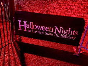 Halloween Nights at Eastern State Penitentiary fencing directing patrons to the haunted attractions.