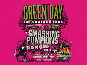 Green Day concert poster for 2024 tour with the Green Day band font in light green and The Smashing Pumpkins, Rancid and The Linda Lindas in lighter grey font color. Poster also shows a young person running across the front of an older looking car that has cartoon flames coming out from behind it. It's all on a bright pink background.