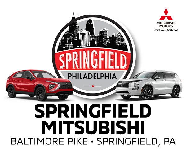 Springfield Mitsubishi logo and artwork featuring a red car and a silver car.