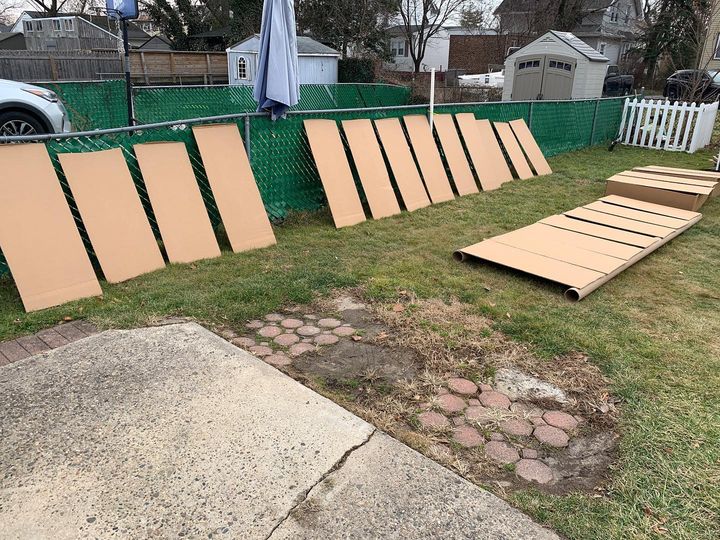 cardboard laid out on a lawn waiting for rain.