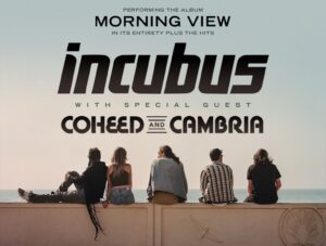 Incubus concert poster art for 2024 tour. Photo of the backs of the band members sitting on a wall as they look out on the ocean