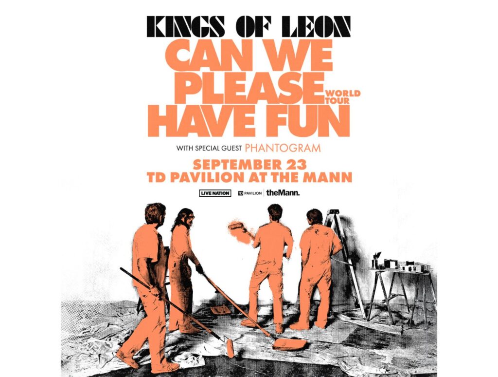 Kings of Leon 2024 Tour concert poster art featuring an artistic picture of the 4 band members in orange painting a wall.