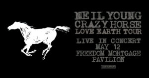 Neil Young and Crazy Horse 2024 Love Earth Tour poster artwork. A white horse on a black background with the band name and tour name spelled to the right of the horse in grey.