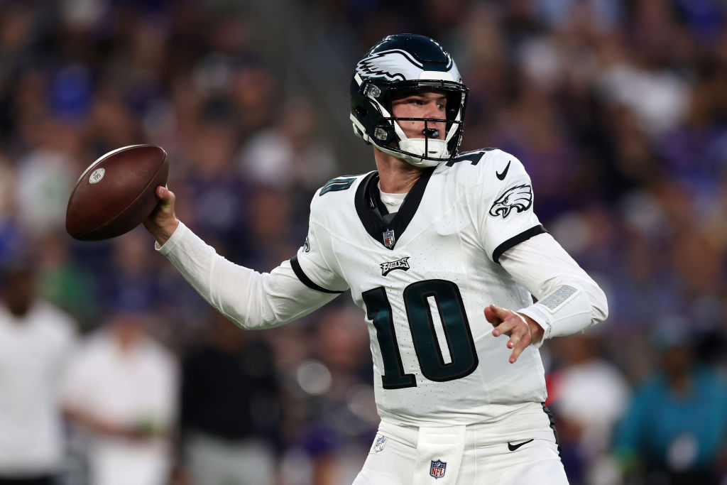 Quarterback Tanner McKee #10 of the Philadelphia Eagles throws a first half pass against the Baltimore Raves during a preseason game at M&T Bank Stadium on August 12, 2023 in Baltimore, Maryland.