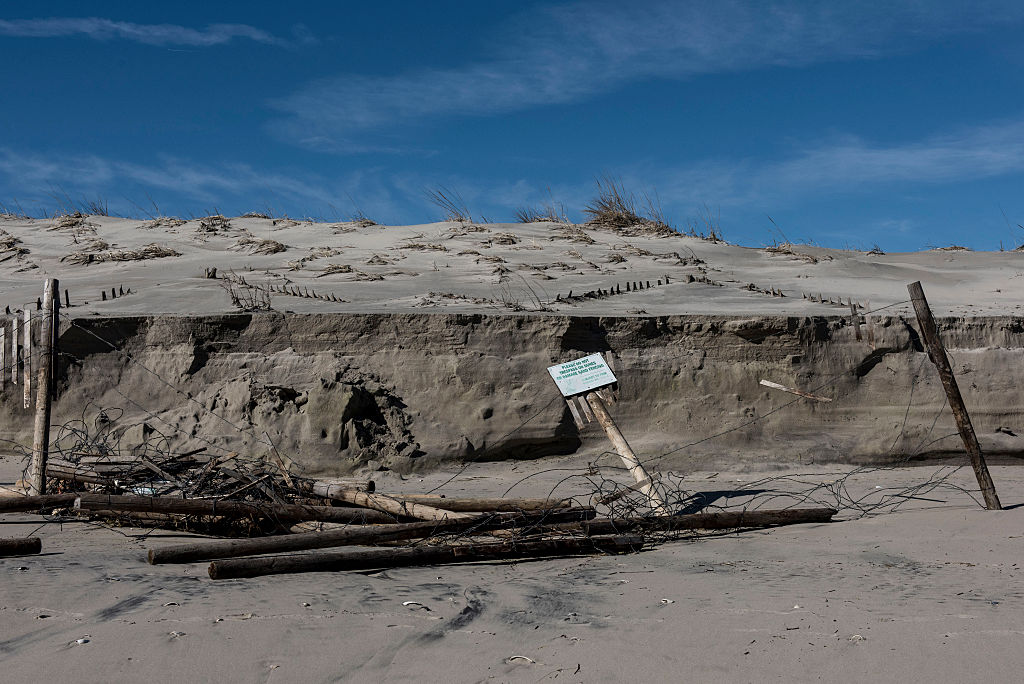  Dune fences lay in ruin from erosion after a blizzard on January 24, 2016 in Stone Harbor, New Jersey. - Jersey Shore